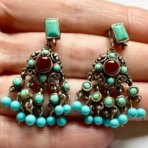 Silver, Turquoise and Coral Chandelier Earrings